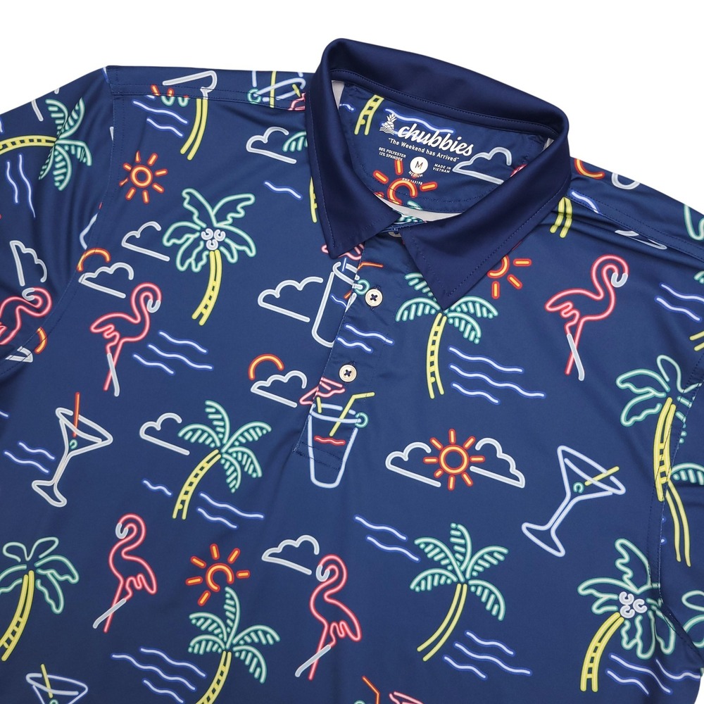 Chubbies Polo Shirt Mens Medium Blue Tropical Neon‎ Golf Print Party Stretch